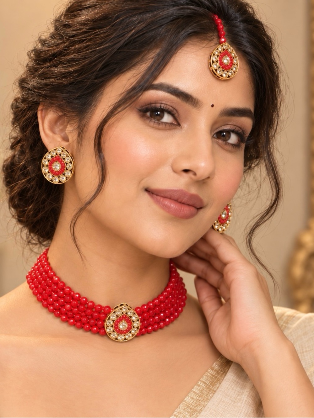 Traditional Red Beaded Choker Necklace Set with Earrings and Maang Tikka